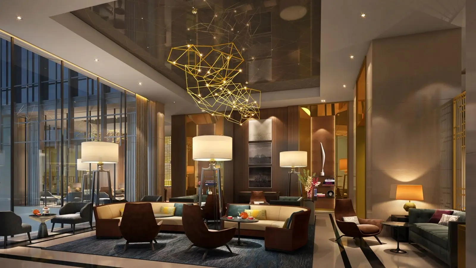 Modern and bright hotel lobby with stylish furniture.