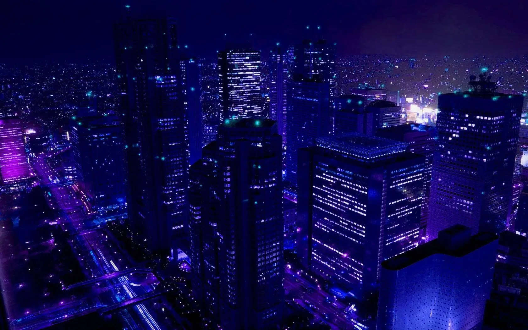 A stunning cityscape at twilight with illuminated skyscrapers.