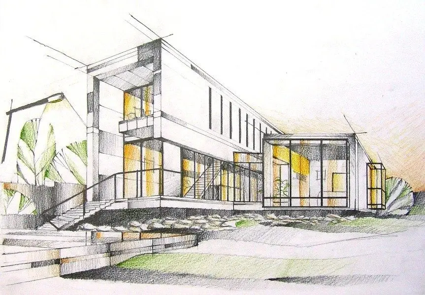 Architectural sketch of a modern building.