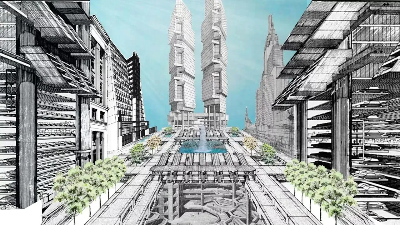 A collage of architectural sketches and city maps.