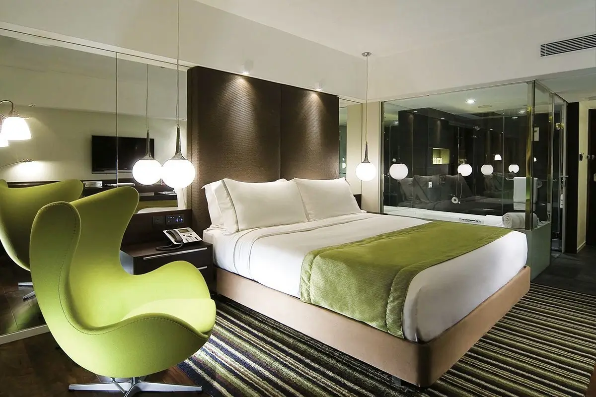A stylish hotel room interior.